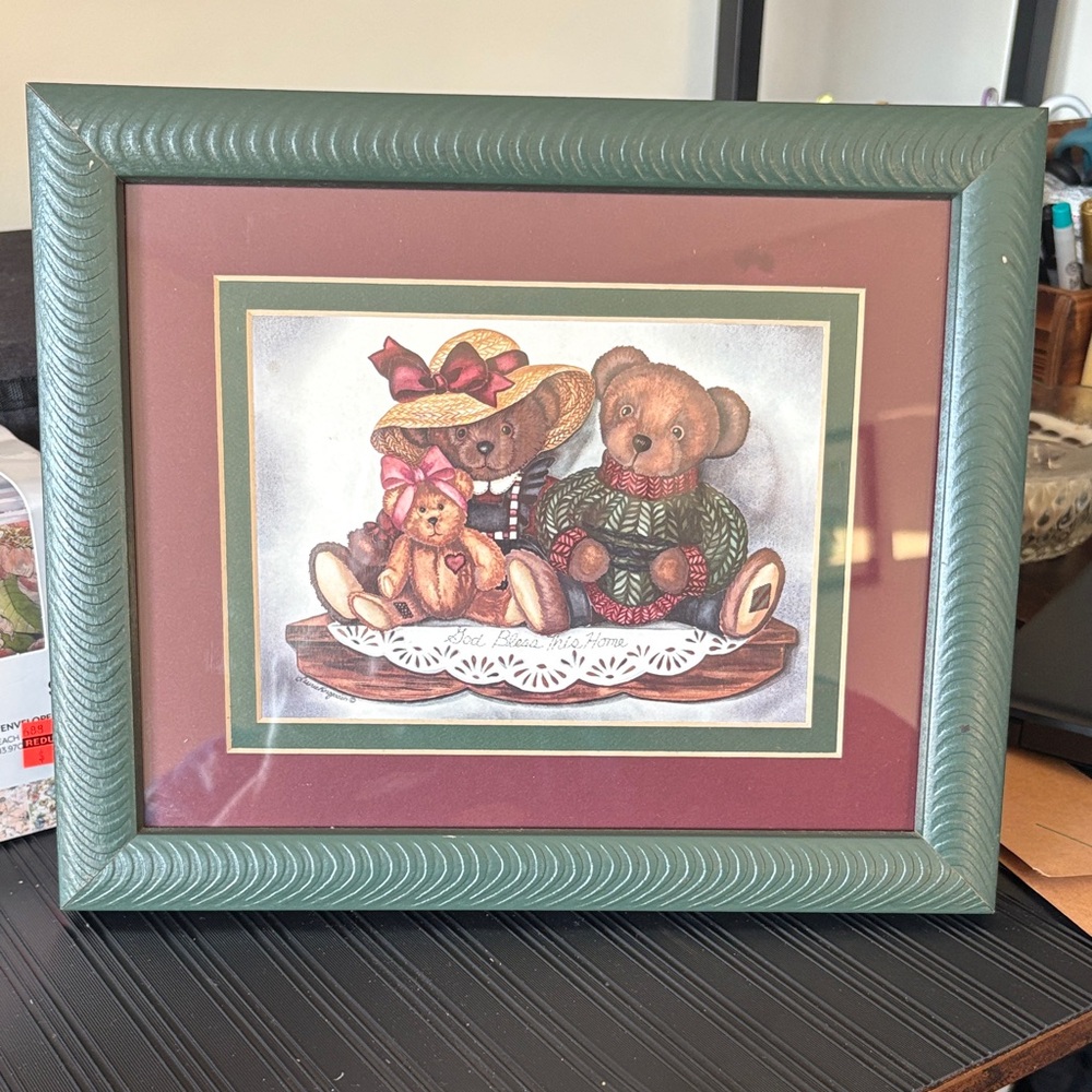 Home Interiors Framed Teddy Bears Wall Art - Green Frame, Burgundy Mat